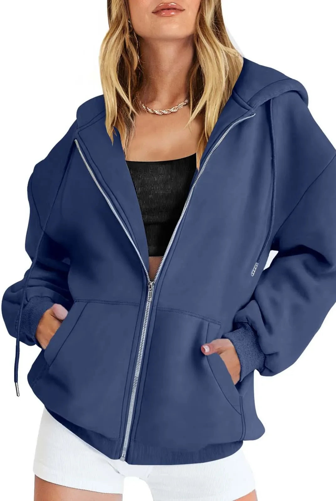 Fashion Gray Zip Up Sweatshirt Women Autumn Winter Jacket with long sleeves, pockets, hood, and versatile casual style.