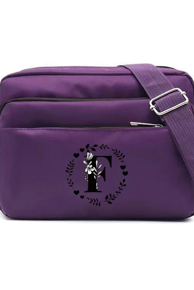 Purple One Shoulder Crossbody Bag with Garland Letter F print, large capacity, portable commuting storage bag in durable