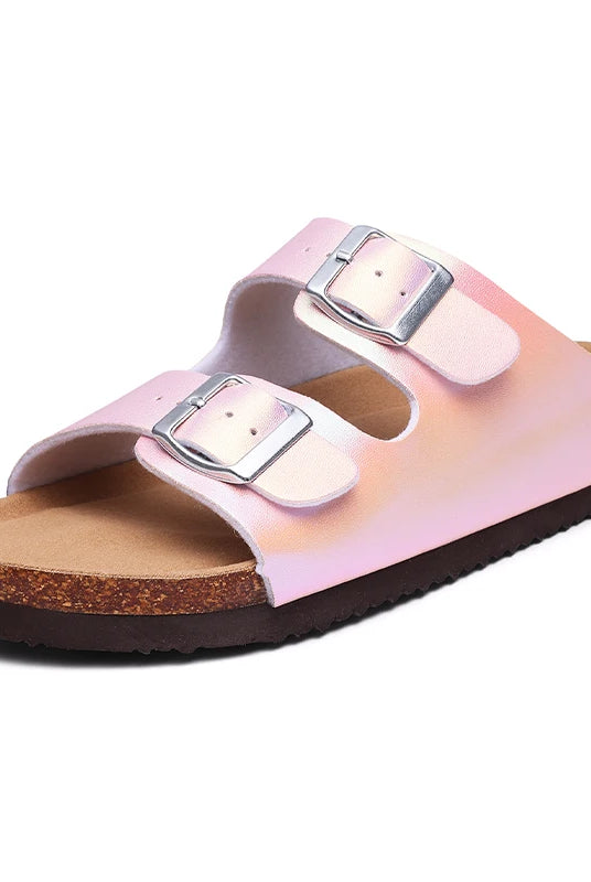 Comwarm Women's Gradient Slippers with double buckles, pink and white fashion flats, cork sole, summer beach slippers for