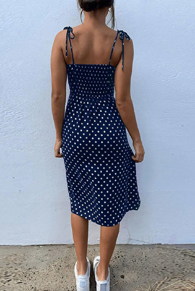 Dresses Sundress Summer Women Causal Polka Dot Sleeveless High Pleated elastic waist V-Neck Beach Dress Vestidos De Verano