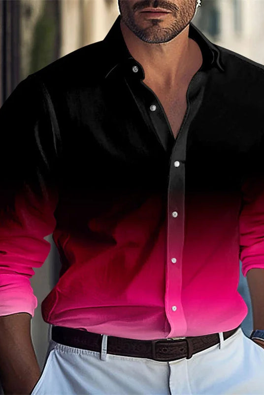 Men's casual shirt series in black, red, and white with gradient design, soft fabric, suitable for autumn and winter, sizes S-5XL.