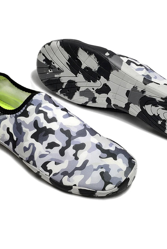 Lager Size Unisex Outdoor Aqua Shoes with black, white, gray camouflage pattern for beach, swimming, indoor fitness, and gym use.