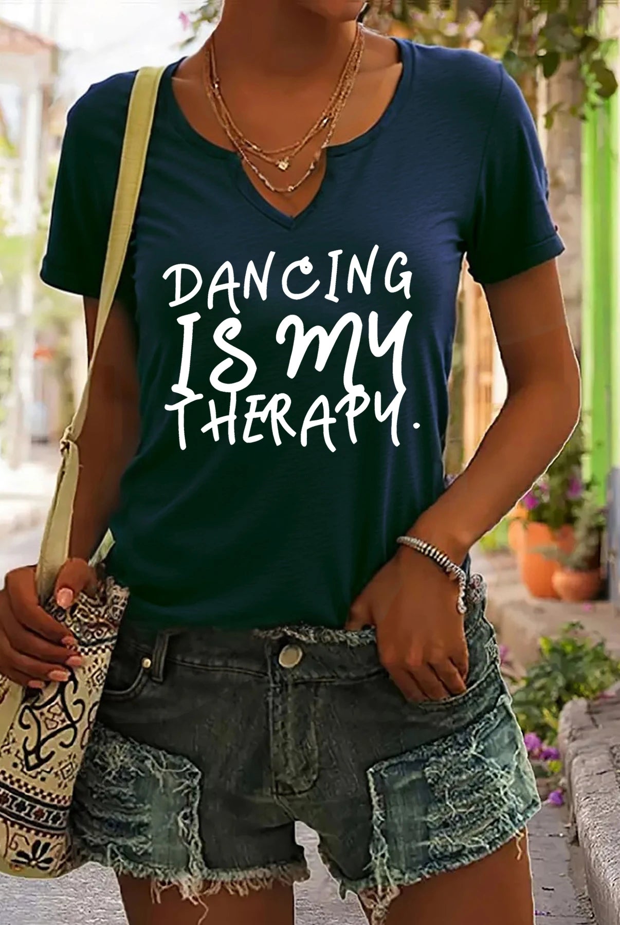 Women's Summer V-Neck Short Sleeve T-Shirt with Dancing Is My Therapy slogan, navy blue, casual top for dance lovers.