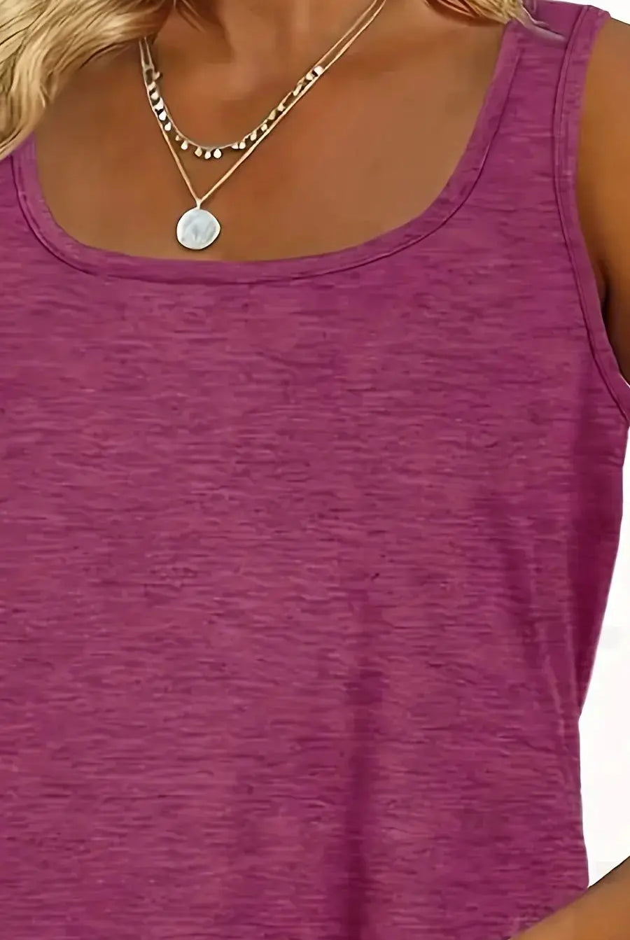 Plus size women's solid purple summer vest with elastic U-neck and dolphin hem, made of polyester fiber, styled with layered necklaces.