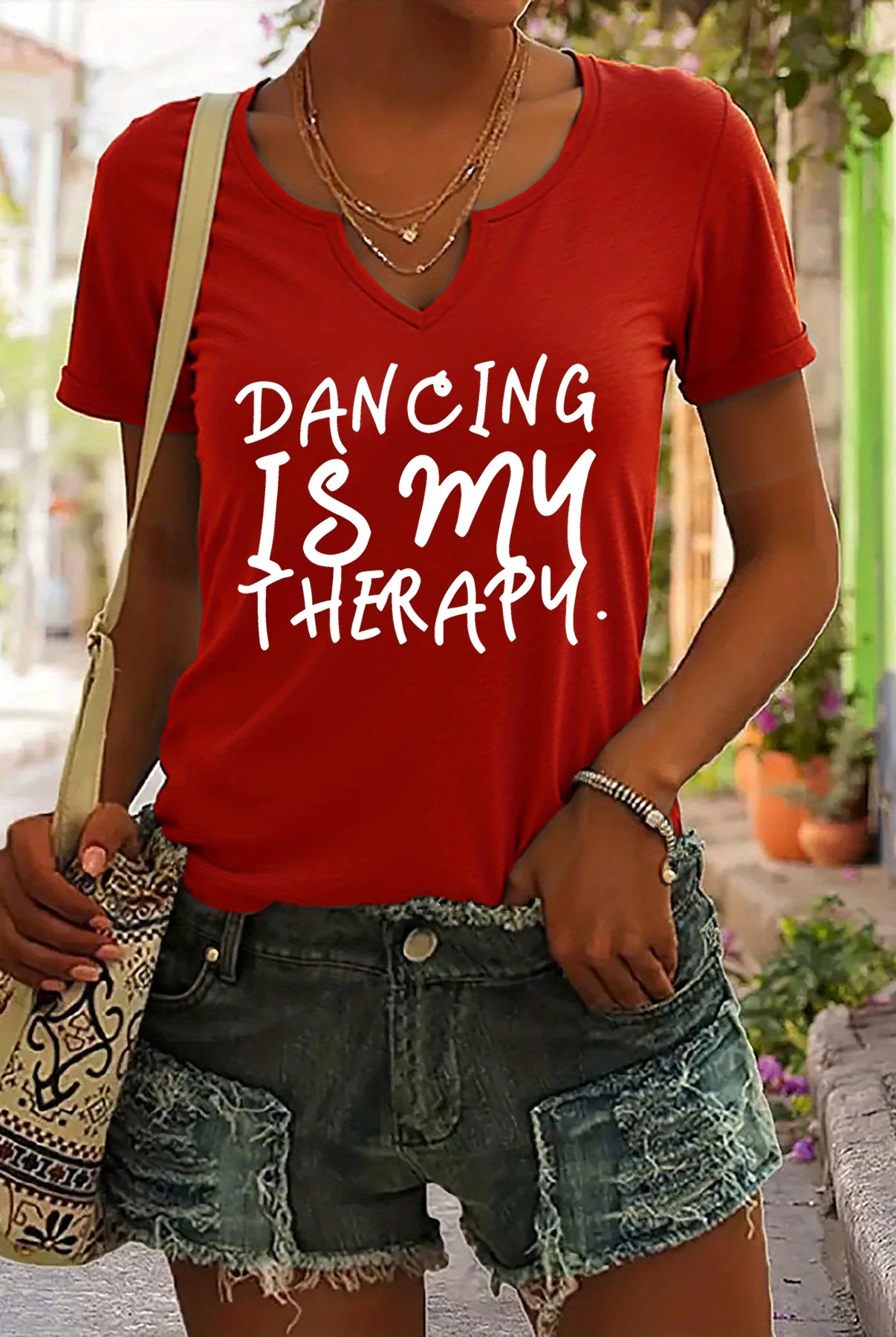 Women's summer red V-neck short sleeve T-shirt with Dancing Is My Therapy slogan print, casual top for dance lovers.