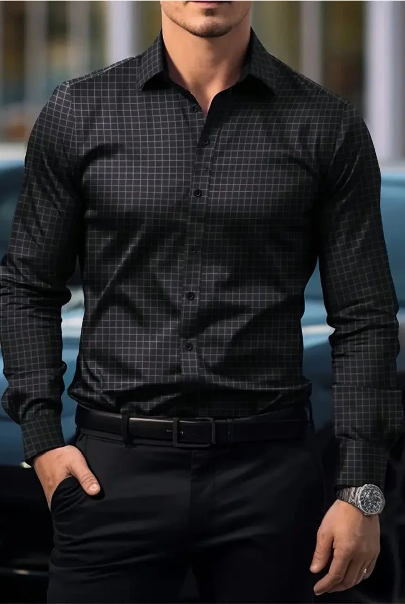 Men's Trendy Geometric 3D Line Print Long-Sleeved White Lapel Shirt, casual men's button-up shirt with black and white grid