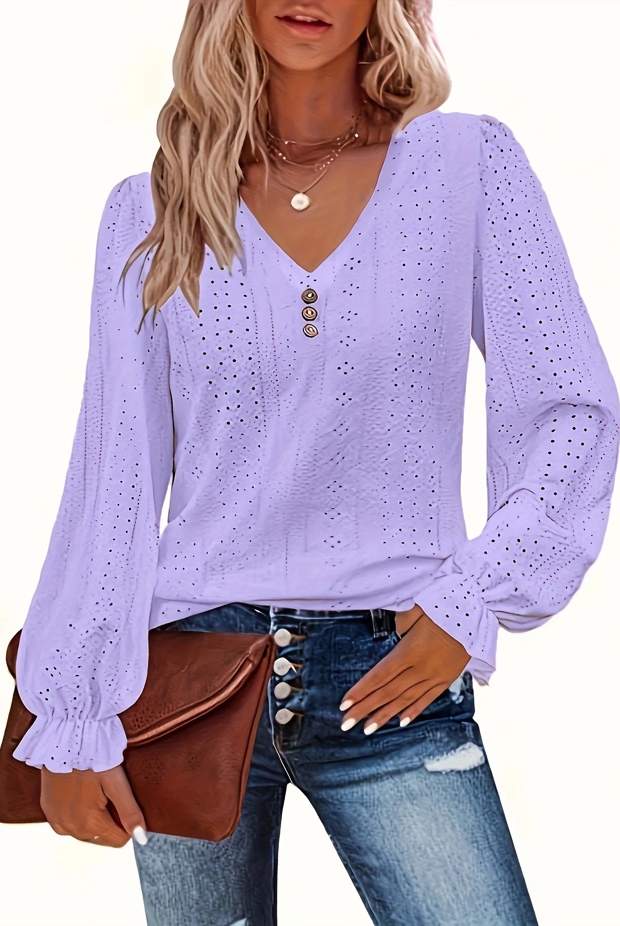 Plus Size Eyelet Button Decor T-Shirt with V-neck, long sleeves, lavender color, styled with distressed jeans and a brown