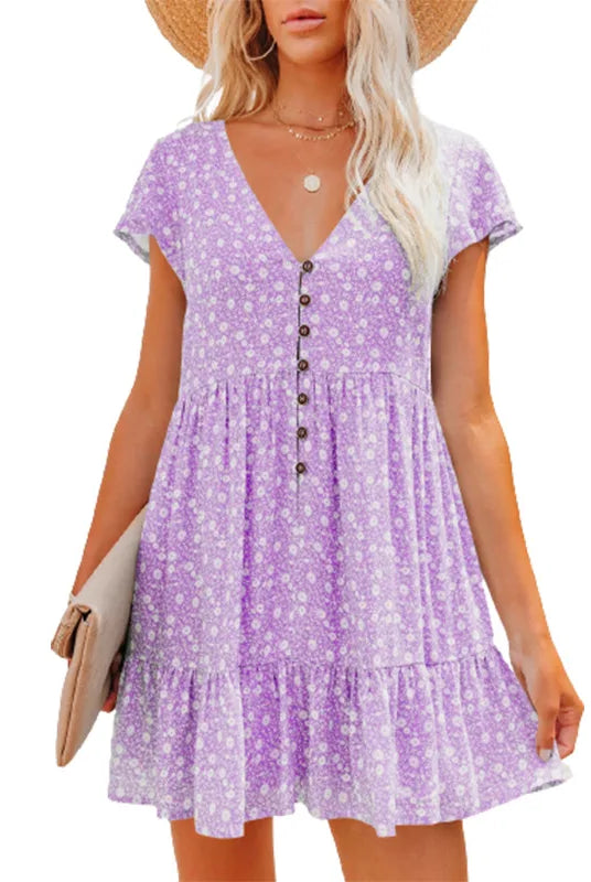 Women's spring and summer loose V-neck button dress with small broken flower print, short sleeves, in purple.
