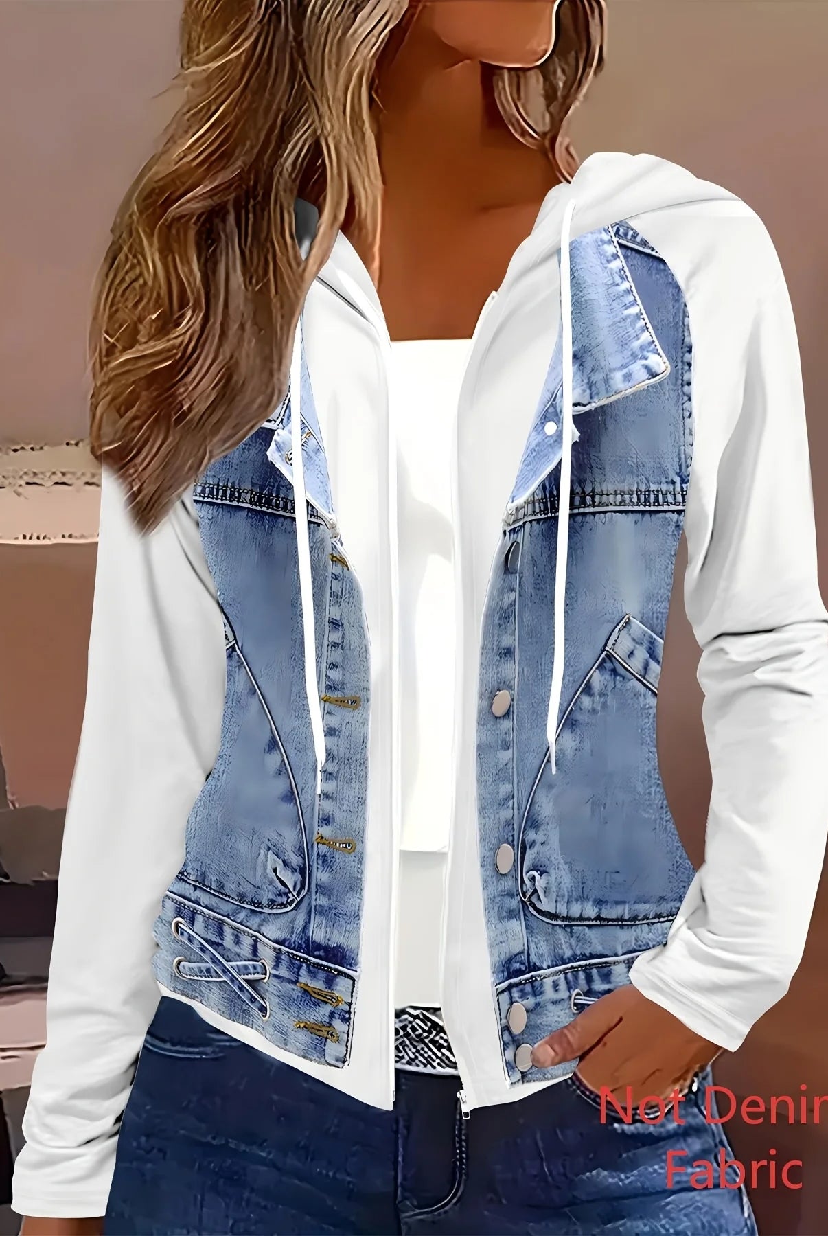 Printed jacket not denim fabric with white hoodie, suitable for spring and autumn casual wear, featuring blue and white