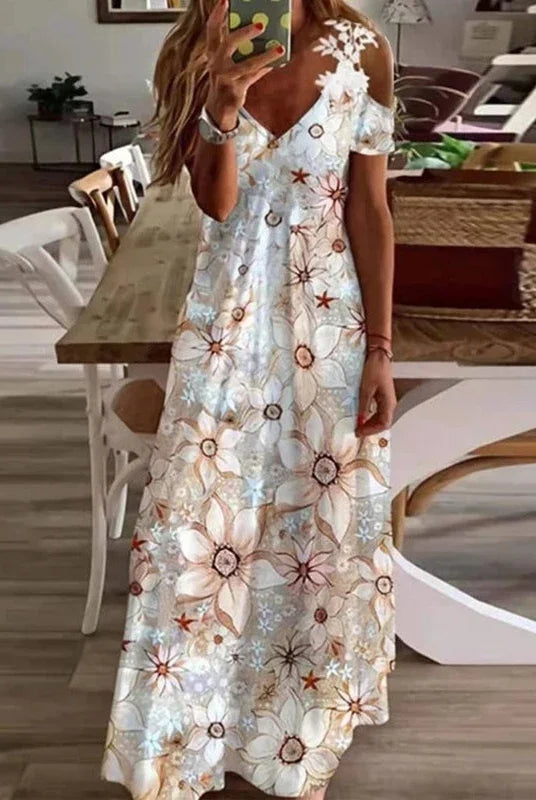 Women's Printed White Lace Sleeveless Suspender Dress Summer Fashion Casual Long Dress with floral pattern and lace details.