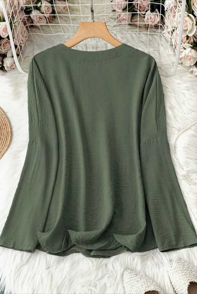 Plus Size 2025 New Casual Tops Women's Loose Long Sleeve Stand Collar T-shirts in olive green, made of polyester, with a