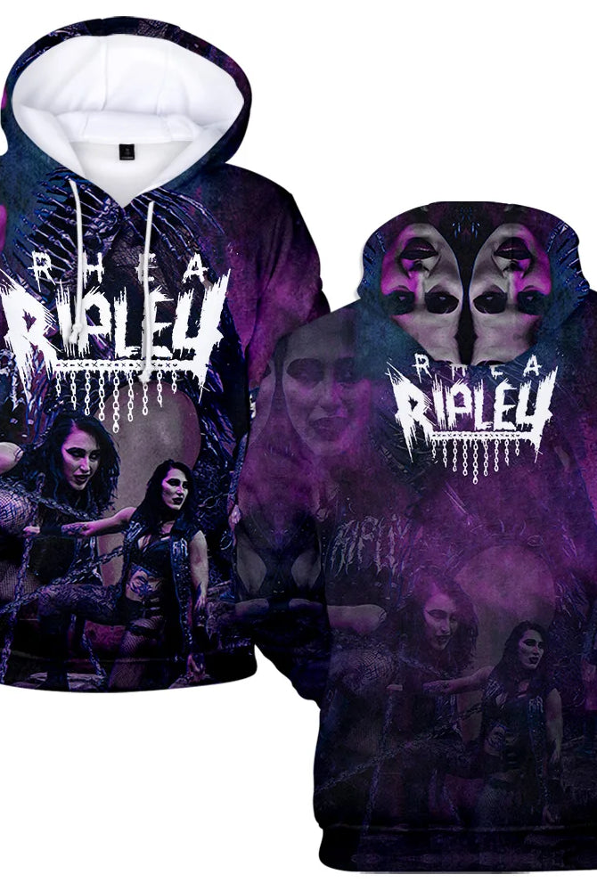 Rhea Ripley hoodie for men and women featuring gothic and streetwear design, purple and black colors, with images and text, made of soft fabric.