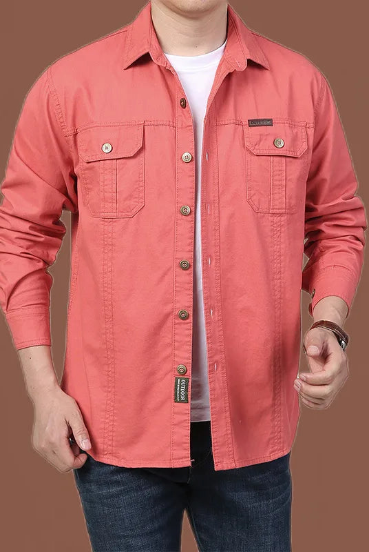 100% cotton men's long-sleeve casual shirt with multi pockets in coral color, suitable for spring and fall, large size cargo jacket.
