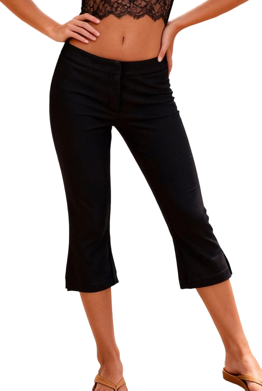 Women Summer Capri Pants Casual Low Waist Solid Color and Dot Print Slim Fit Cropped Trousers in black with dotted pattern