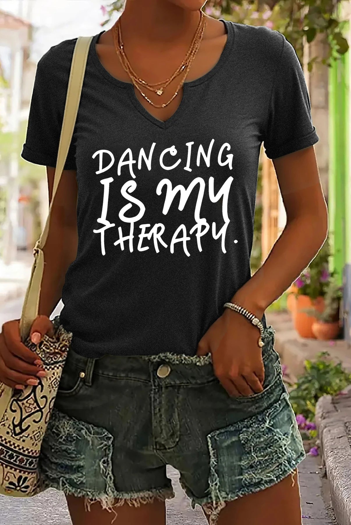 Women's Summer V-Neck Short Sleeve T-Shirt with Dancing Is My Therapy slogan print, casual black cotton dance lover top.
