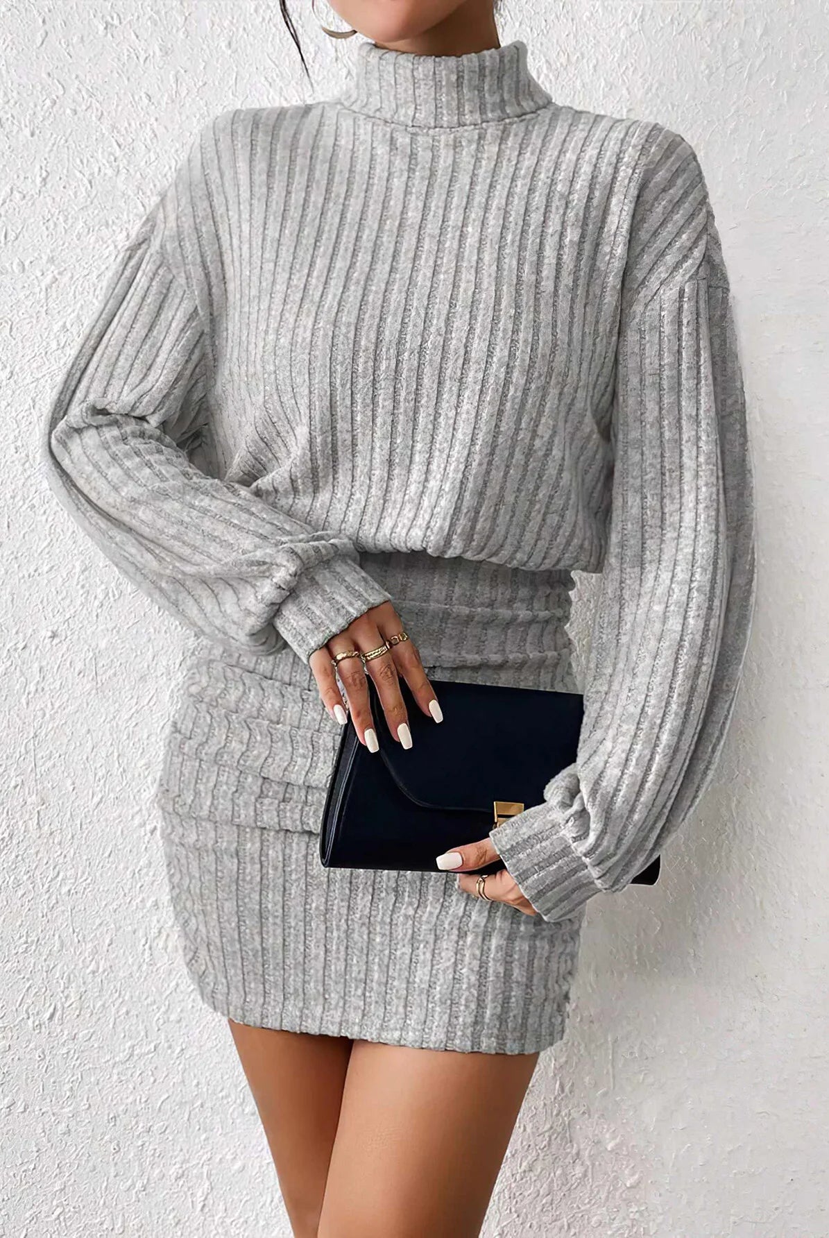 Women's Autumn Winter Fashion High Neck Knitted Sweater Dress in light gray, long sleeve, loose fit, mid-length, warm and