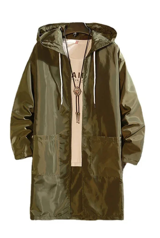 Summer lightweight men's windbreaker outdoor beachwear sun protection long coat in olive green, casual style, thin material
