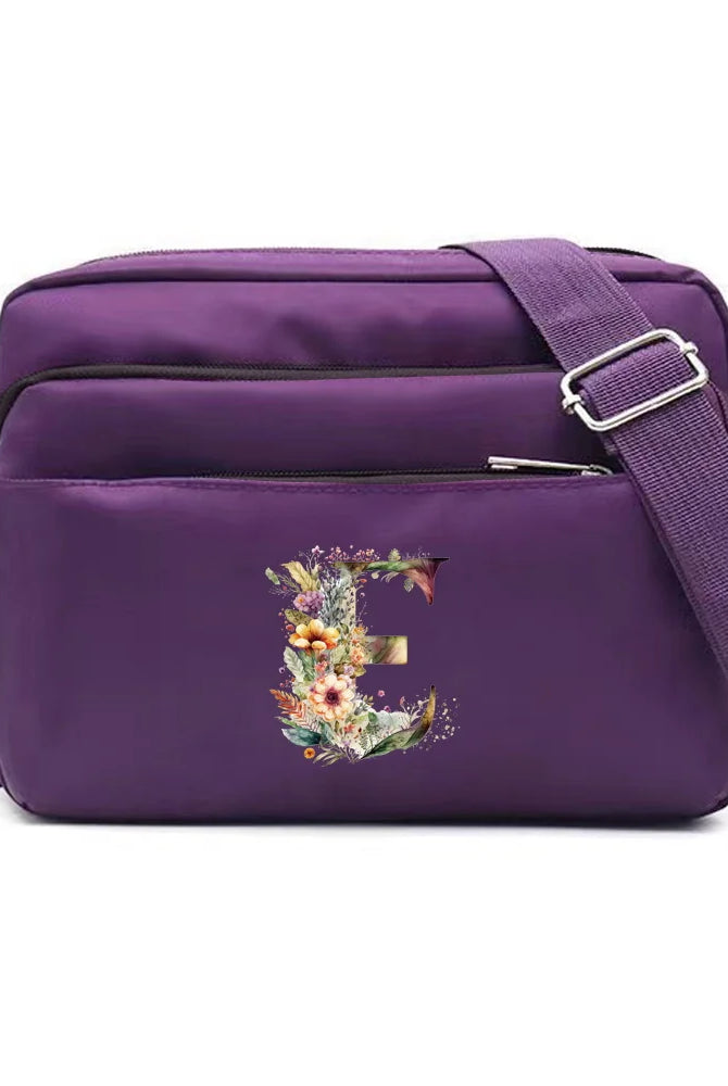 Leisure Purple One Shoulder Crossbody Bag with floral letter E design, large capacity, portable for commuting.
