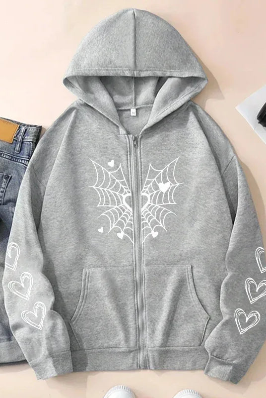 2025 Hot Sale Women's Hoodie with spider web and heart print, zip-up casual sweatshirt in light gray, suitable for all