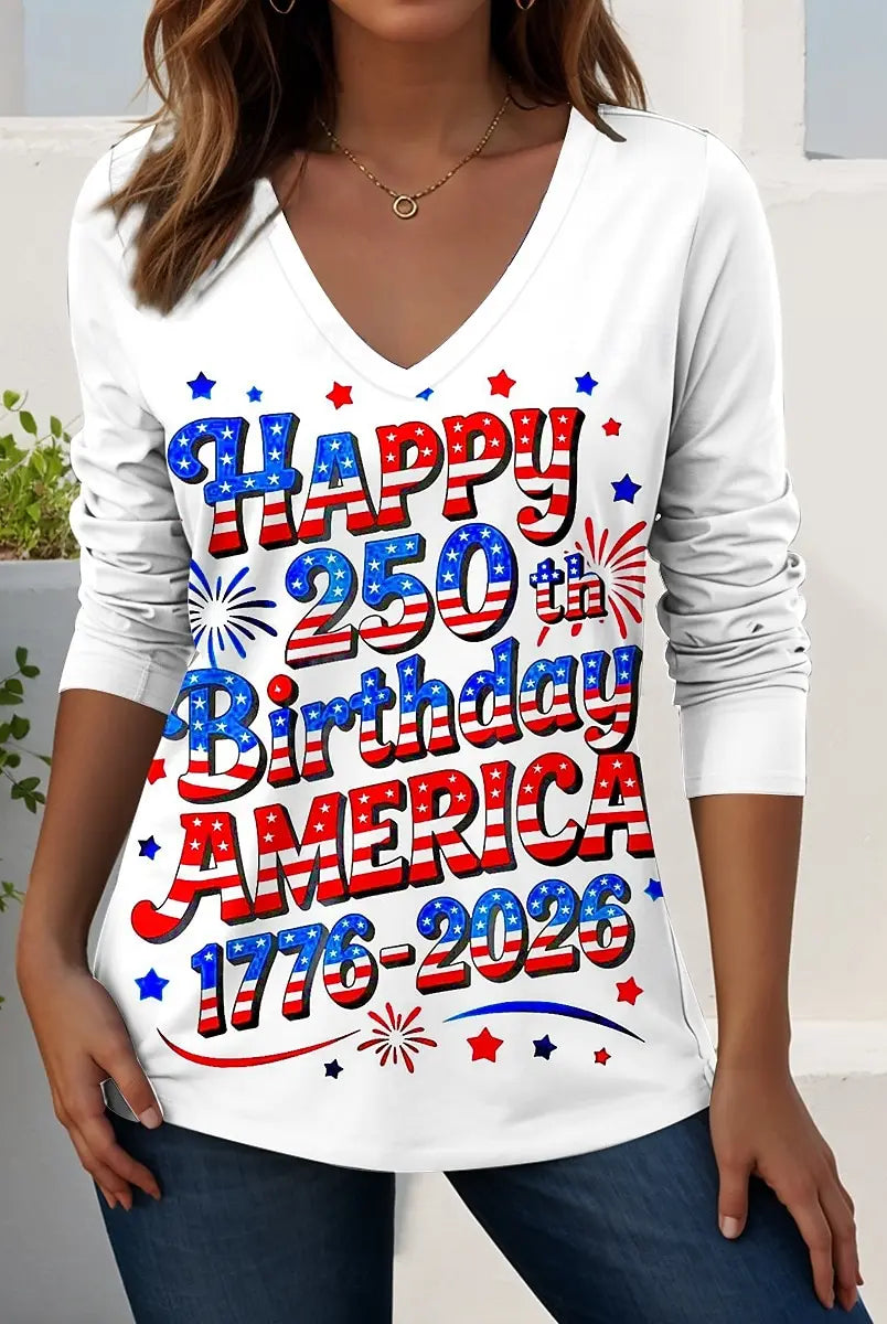 Vintage US Flag 250th anniversary pattern women's long sleeve polyester T-shirt with patriotic 3D print celebrating