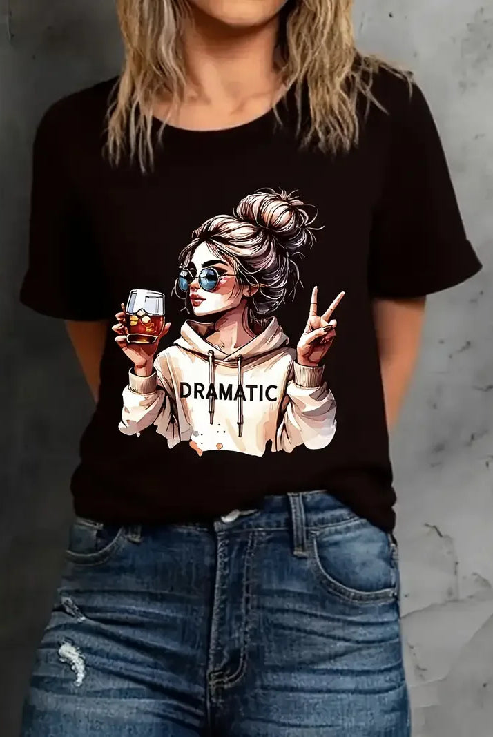 Streetwear 90s women's casual graphic T-shirt with a Dramatic print of a woman holding a wine glass and making a peace sign, short sleeves, black color.