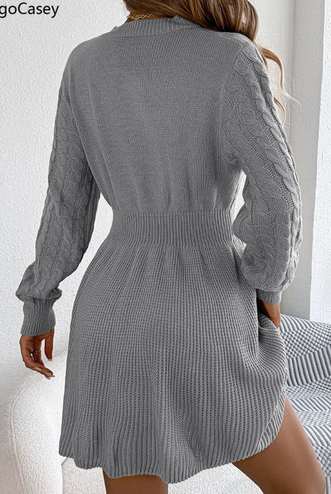 VigoCasey 2025 Grey O Neck Casual Knit Dress for women, long sleeve, solid color, bodycon style, suitable for autumn and