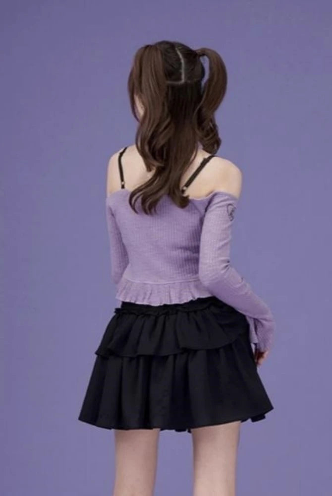 Slash Neck Y2k Aesthetic Embroidery Tshirts Purple Sweet Ruffled Women Slim Cropped Tees Vintage Harajuku Flare Sleeve worn