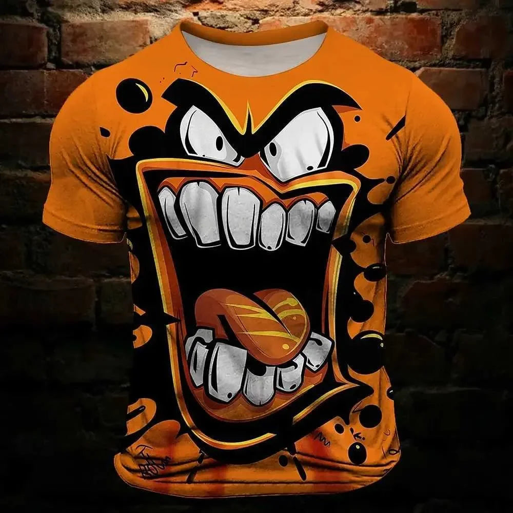Mens T Shirt Tee with a bold Grimace 3D print featuring a cartoonish angry face, orange background, and short sleeves.