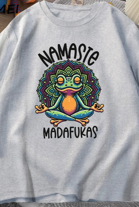 Funny Yoga T Shirt with colorful frog design, Namaste Madfukas text, short sleeves, cotton material, streetwear style for