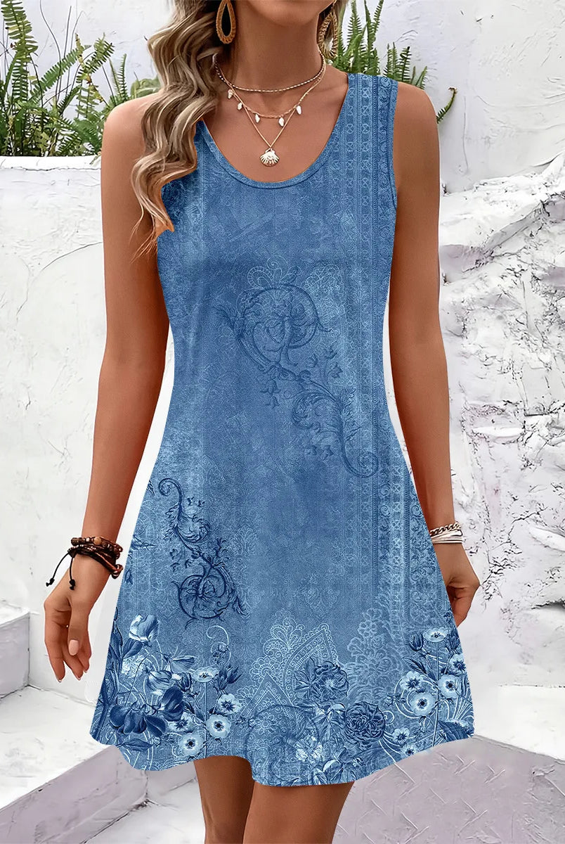 Women Summer Sleeveless Bohemian Dress with exclusive blue floral print, lightweight fabric, ideal for vacation, beach, or birthday celebrations.