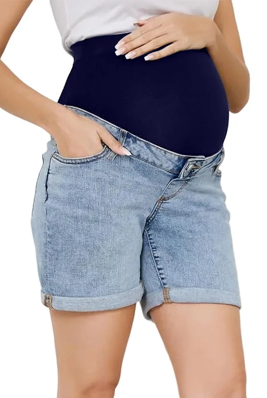 Pregnancy Capri Jeans High Waist Tummy Control Rolled Cuff Denim Shorts worn by a pregnant woman showing the high waist, rolled cuffs, and tummy control panel.