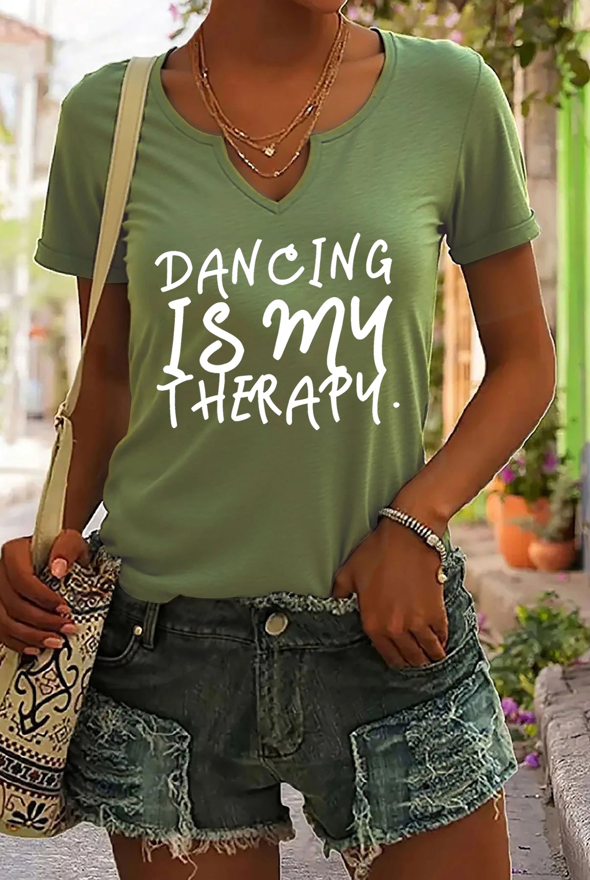 Women's Summer V-Neck Short Sleeve T-Shirt with Dancing Is My Therapy slogan print, light green cotton casual dance top.