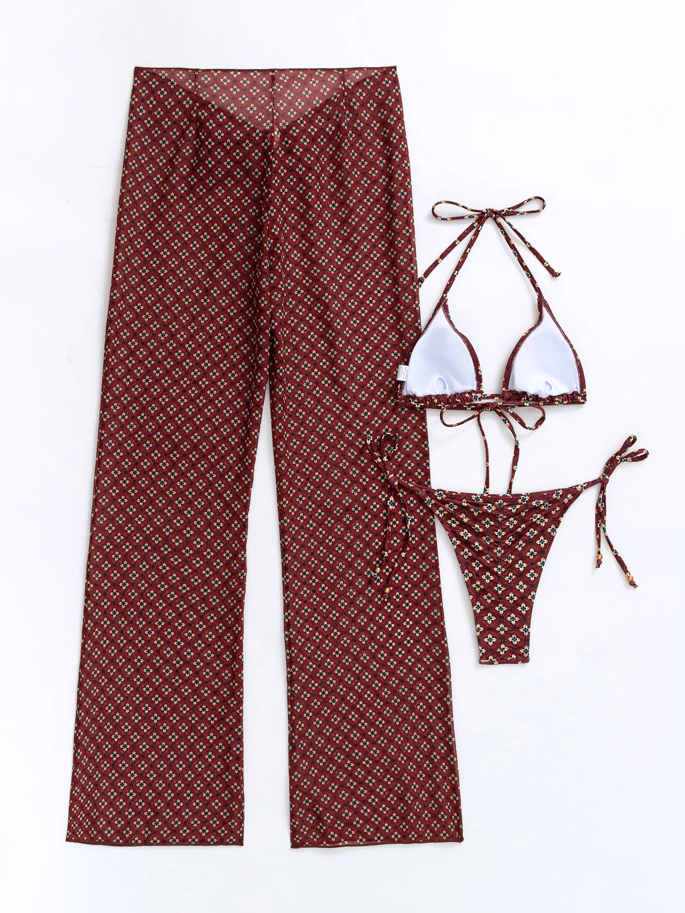 Three-piece women's swimsuit cover-up set including high-waist pants and backless bikini top and bottom with a red and gold