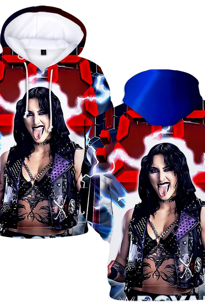Rhea Ripley Hoodie Merch for women and men featuring a graphic of Rhea Ripley with black hair, tongue out, in streetwear style, suitable for sportswear.