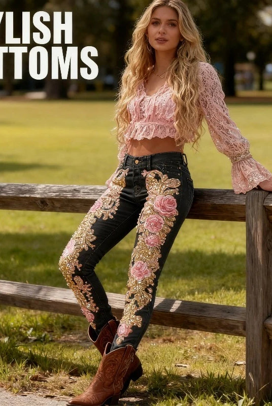3D floral womens straight leg jeans with pink embroidery, black stretch denim, casual street style, worn with a pink lace crop top and brown cowboy boots.