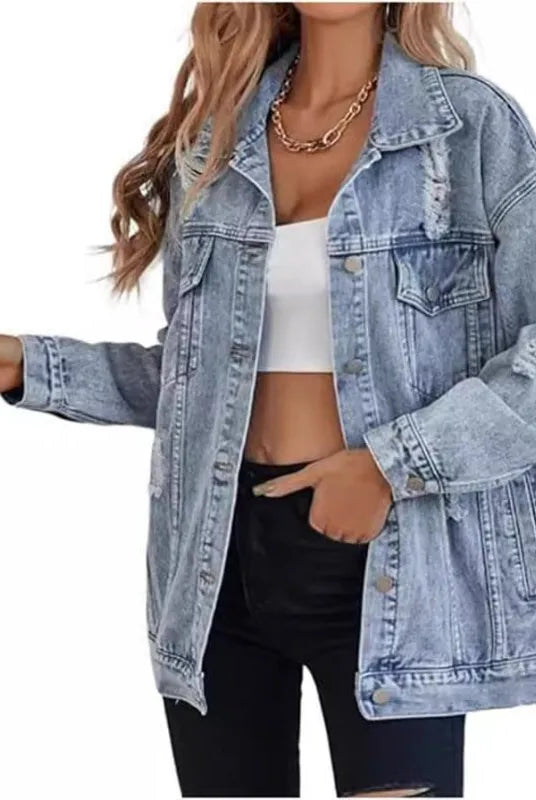 Premium Women's Denim Jacket with hole design, Harajuku style, casual loose fit, suitable for fall and winter outerwear.