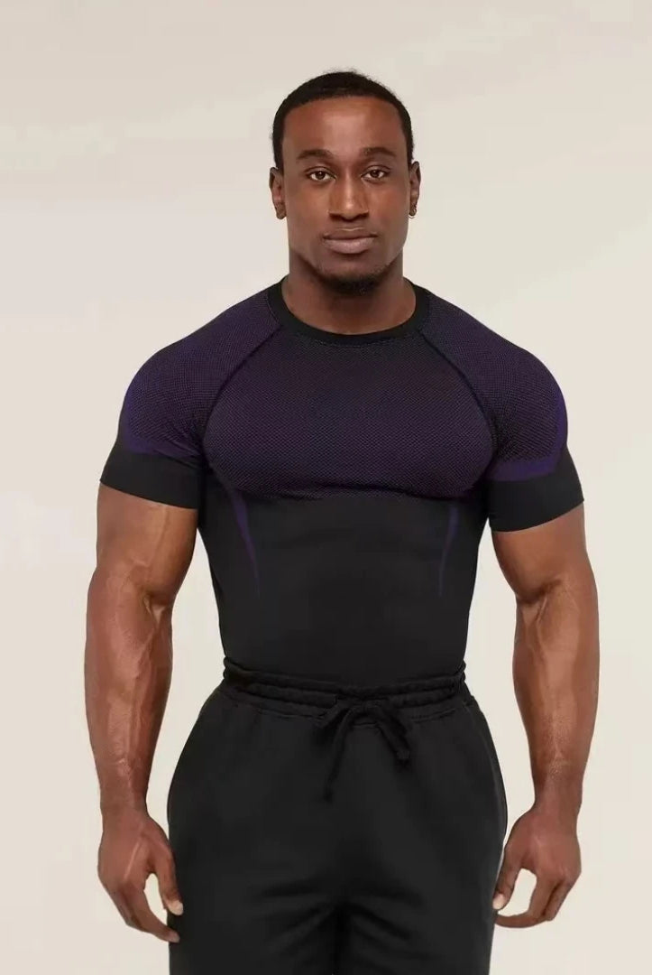 ONYX V5 Agate Fitness T-shirt with SHARK logo, black and purple short-sleeve elastic top for men's and women's active wear.