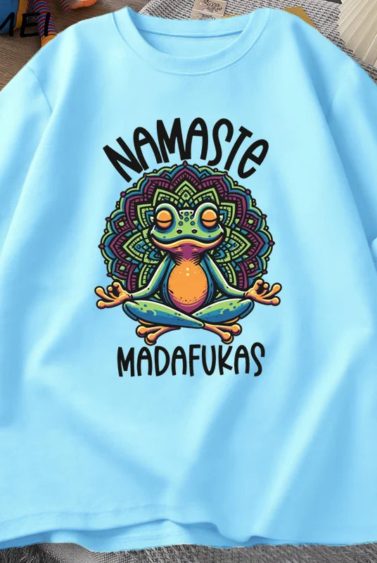 Funny Yoga T Shirt with a colorful frog meditating, featuring Namaste Madafukas text, made of cotton, short sleeve.