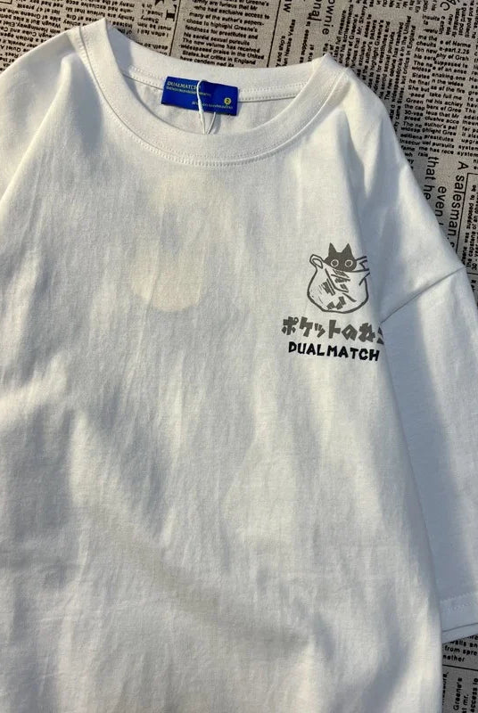 Plus Size Summer Retro Cartoon Print Men's Short Sleeve T-shirt with round neck, loose fit, featuring a small cat graphic