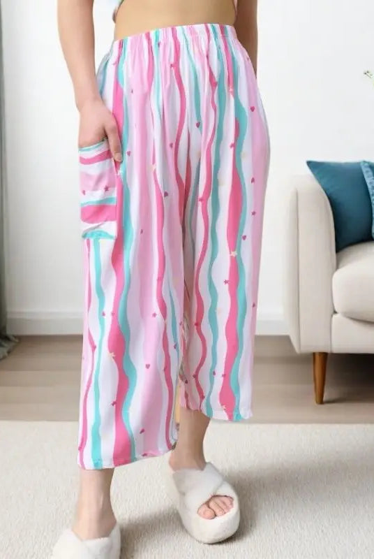 High waisted wide leg Capri pants for women with pink, blue, and white vertical stripes, featuring pockets, made of