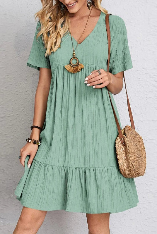 Vintage Solid Elegant Women Dress 2023 Summer Fashion casual V-neck high waist A-line mini dress with short sleeves, in light green.
