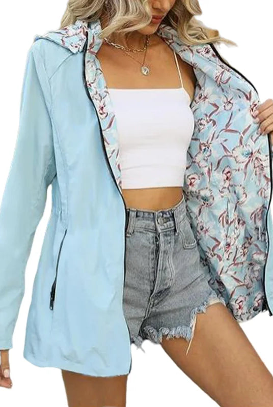 Women's Autumn Hooded Jacket Reversible Printed Casual Coat with Pockets in multicolour streetwear style, lightweight, with