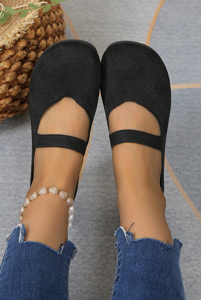 Elastic Knitting Flats Shoes for Women 2025 Summer breathable black slip-on loafers with elastic strap, worn with ripped