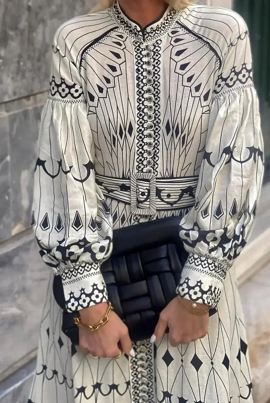 Retro Elegant Stand Collar Long Dress Women Spring Pattern Print Belted Buckle Party Dress Autumn Long Sleeve A-Line Boho