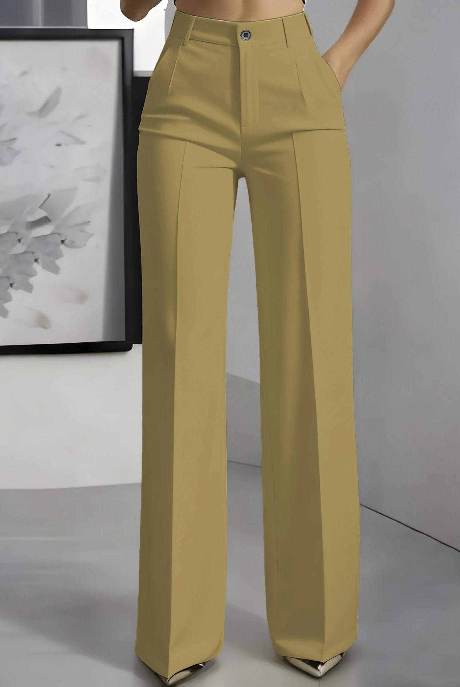 New 2025 Women's High-Waisted Draped Straight-Cut Suit Pants in beige, made of smooth fabric, styled for European American cross-border fashion.