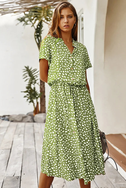 Vintage Floral Print Dress Women Boho Summer Short Sleeve Long Dress with Turn-Down Collar and Casual Waistband