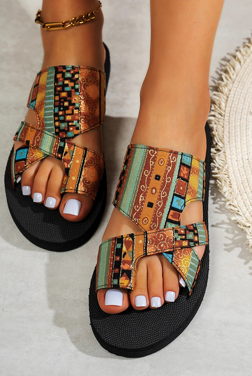 Summer Women Slippers Platform Sandals with colorful ethnic print, open toe, lightweight slip-on design, perfect for