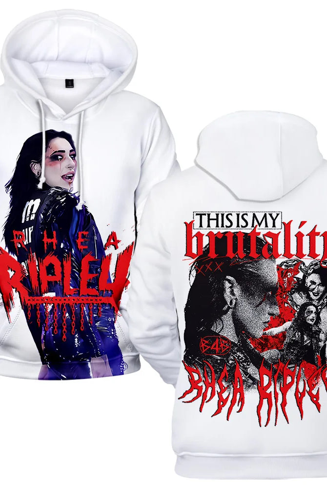 Rhea Ripley hoodie for women and men featuring graphic print, black, red, and white colors, streetwear style, perfect for casual wear and sports.