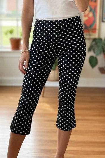 Women Summer Capri Pants Casual low waist slim fit cropped trousers with black and white polka dot print, streetwear style.