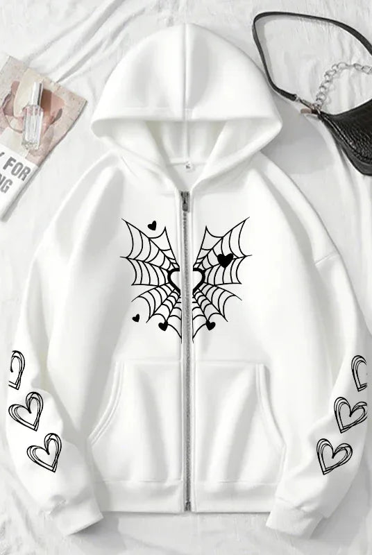 2025 Hot Sale Women's Hoodie with spider web and heart print, all-season white zip-up sweatshirt with black accents and